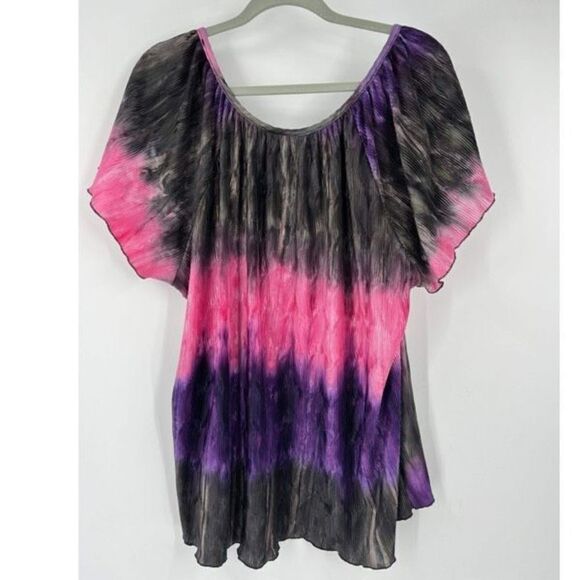 Essentials Women’s Y2K Color Block‎ Crinkle Blouse Purple Pink black flowy 1X - Picture 2 of 9